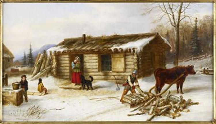 Cornelius Krieghoff Chopping Logs Outside a Snow Covered Log Cabin Sweden oil painting art